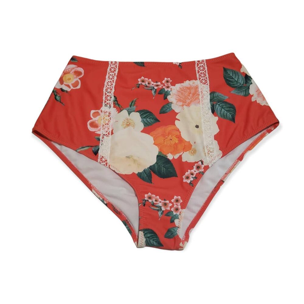 Womens Orange & Floral Print Swim Wear Bikini Bottoms - Size Medium